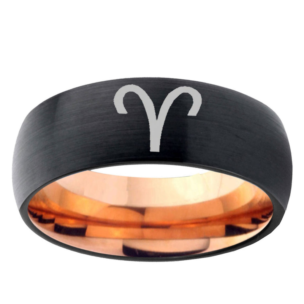5mm Aries Zodiac Two-Tone Classic Dome Black Rose Gold Tungsten Wedding Band