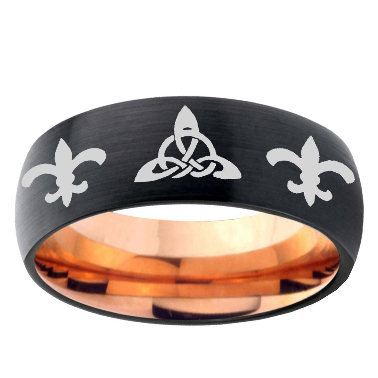 5mm Celtic Triangle Fleur Delis Two-Tone Classic Dome Black Rose Gold Tungsten Wedding Band