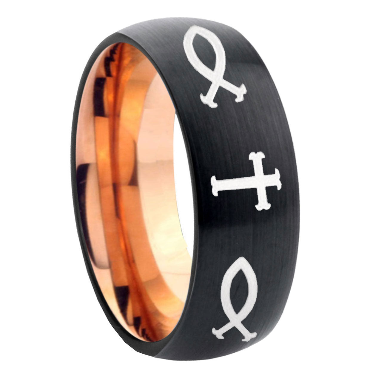 8mm God Is Love Two-Tone Classic Dome Black Rose Gold Tungsten Wedding Band