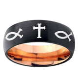 5mm Fish & Cross Dome Black And Rose Gold Tungsten Carbide Mens Wedding Band