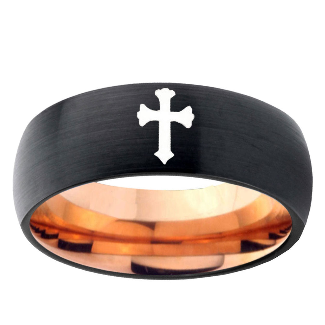 10mm Flat Christian Cross Dome Tungsten Rose Gold Custom Ring for Men