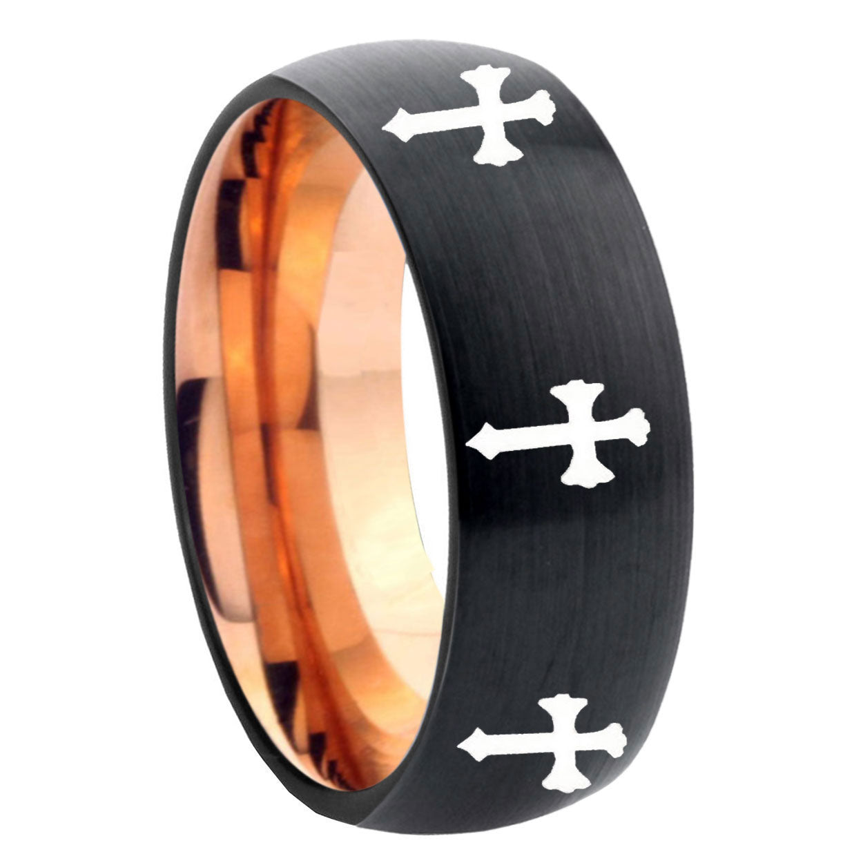 8mm Multi Christian Cross Two-Tone Classic Dome Black Rose Gold Tungsten Wedding Band