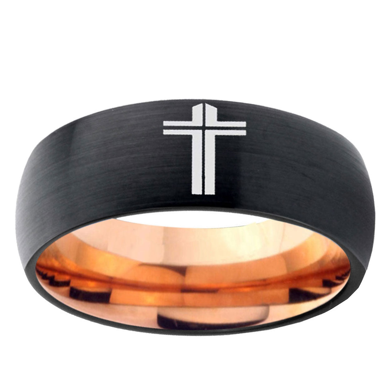 5mm Flat Cross Two-Tone Classic Dome Black Rose Gold Tungsten Wedding Band