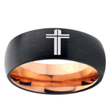 5mm Flat Christian Cross Dome Black And Rose Gold Tungsten Carbide Bands Ring