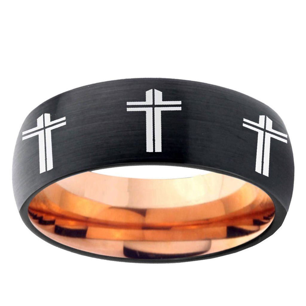 5mm Multi Christian Cross Two-Tone Classic Dome Black Rose Gold Tungsten Wedding Band