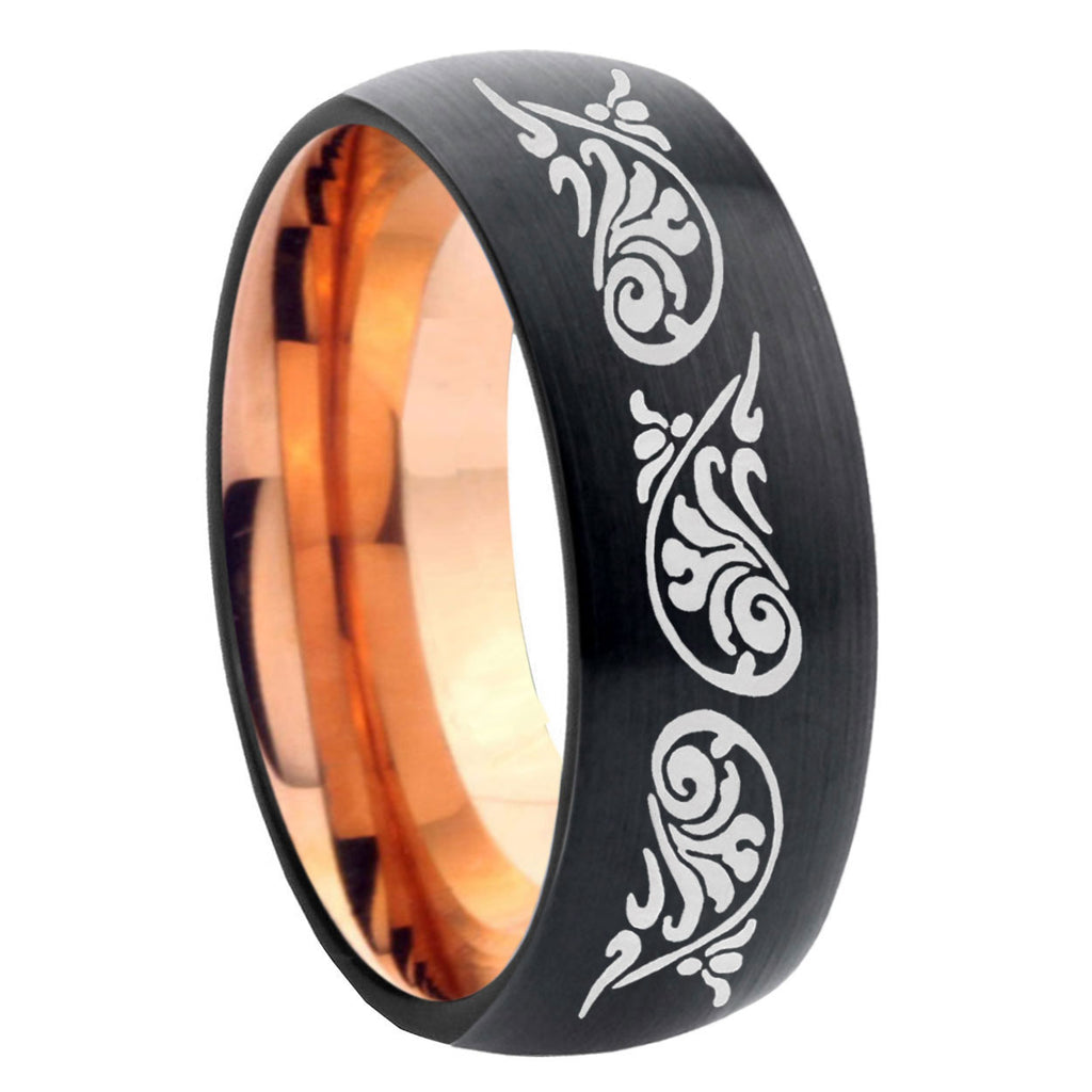 8mm Etched Tribal Two-Tone Classic Dome Black Rose Gold Tungsten Wedding Band