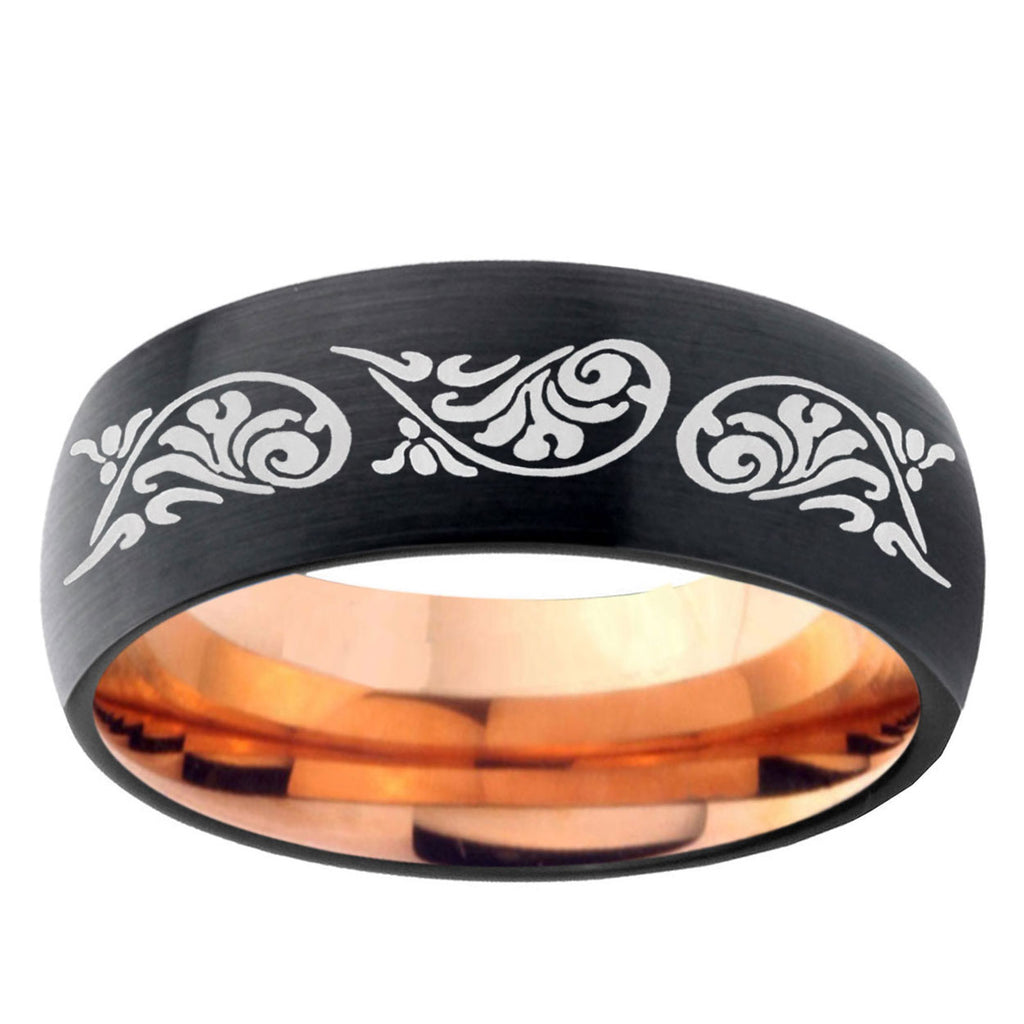 5mm Etched Tribal Two-Tone Classic Dome Black Rose Gold Tungsten Wedding Band