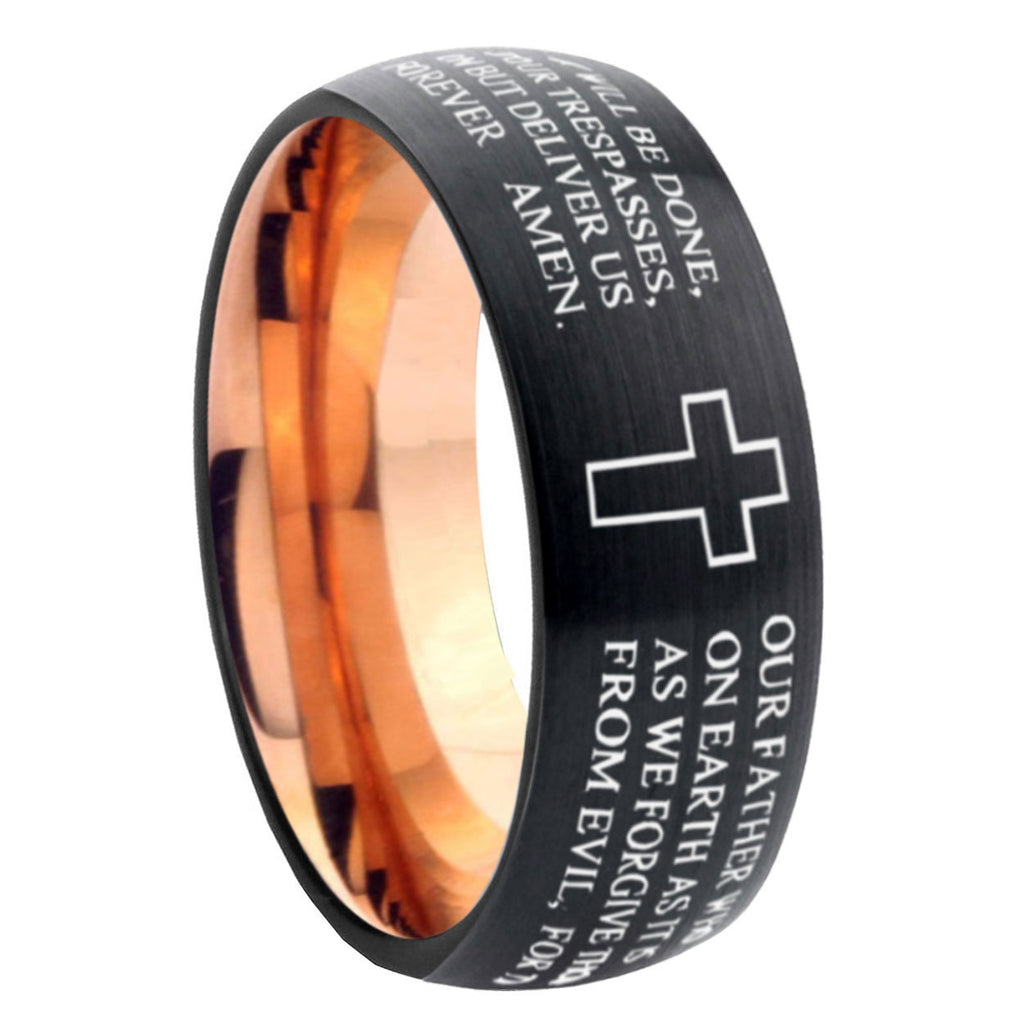 10mm Etched Lord's Prayer Cross Dome Tungsten Rose Gold Custom Ring for Men