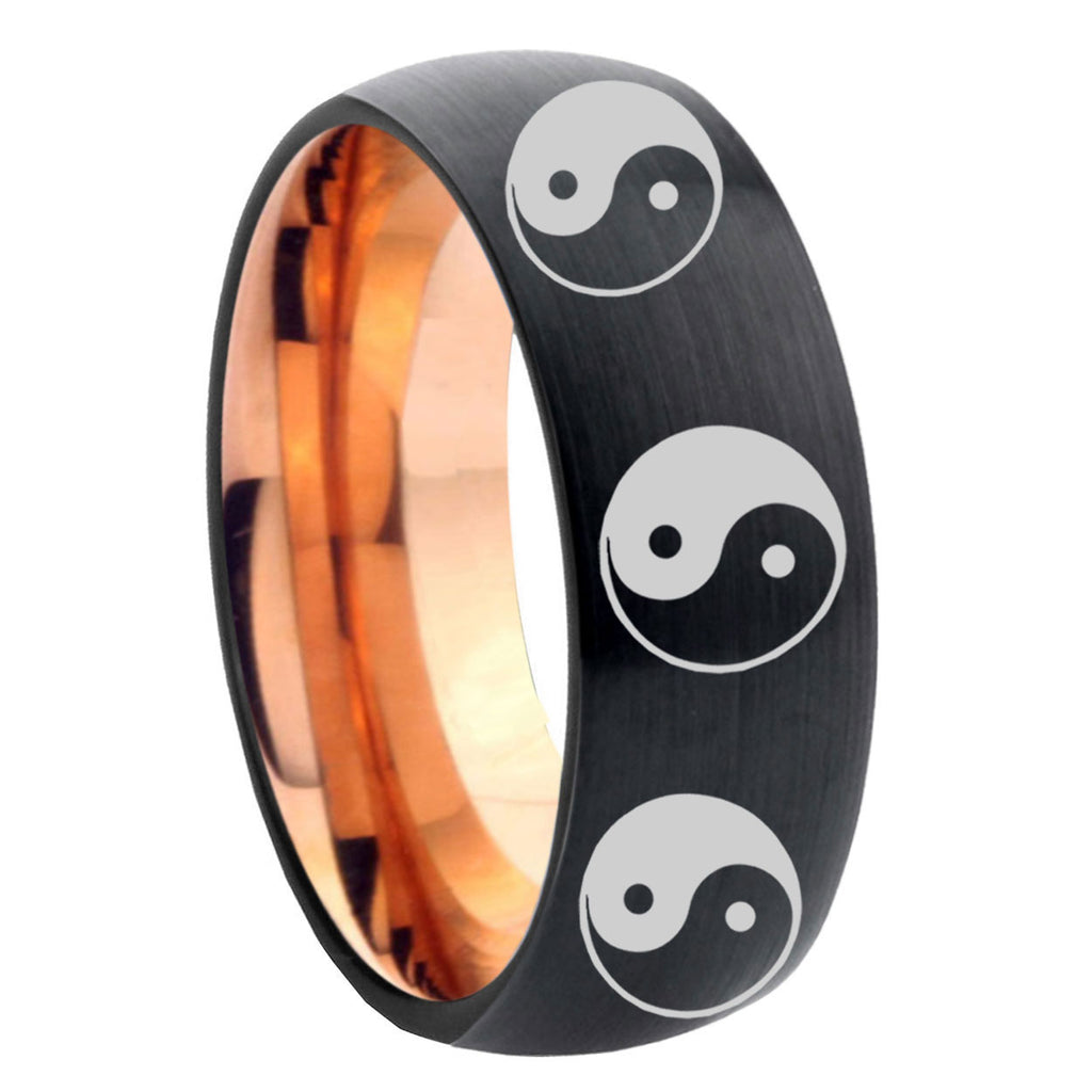 8mm Multiple Yin Yang Two-Tone Classic Dome Black Rose Gold Tungsten Wedding Band