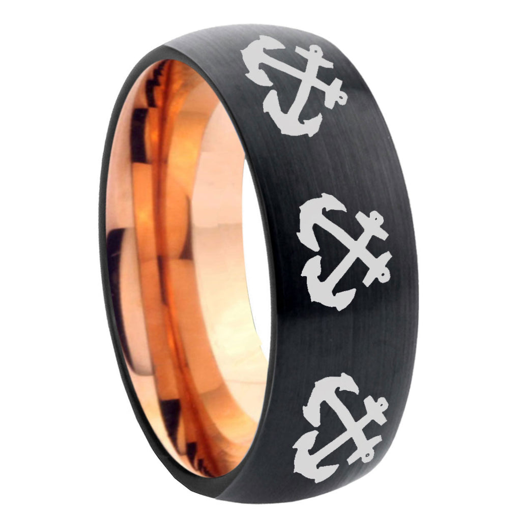 8mm Multiple Anchor Two-Tone Classic Dome Black Rose Gold Tungsten Wedding Band