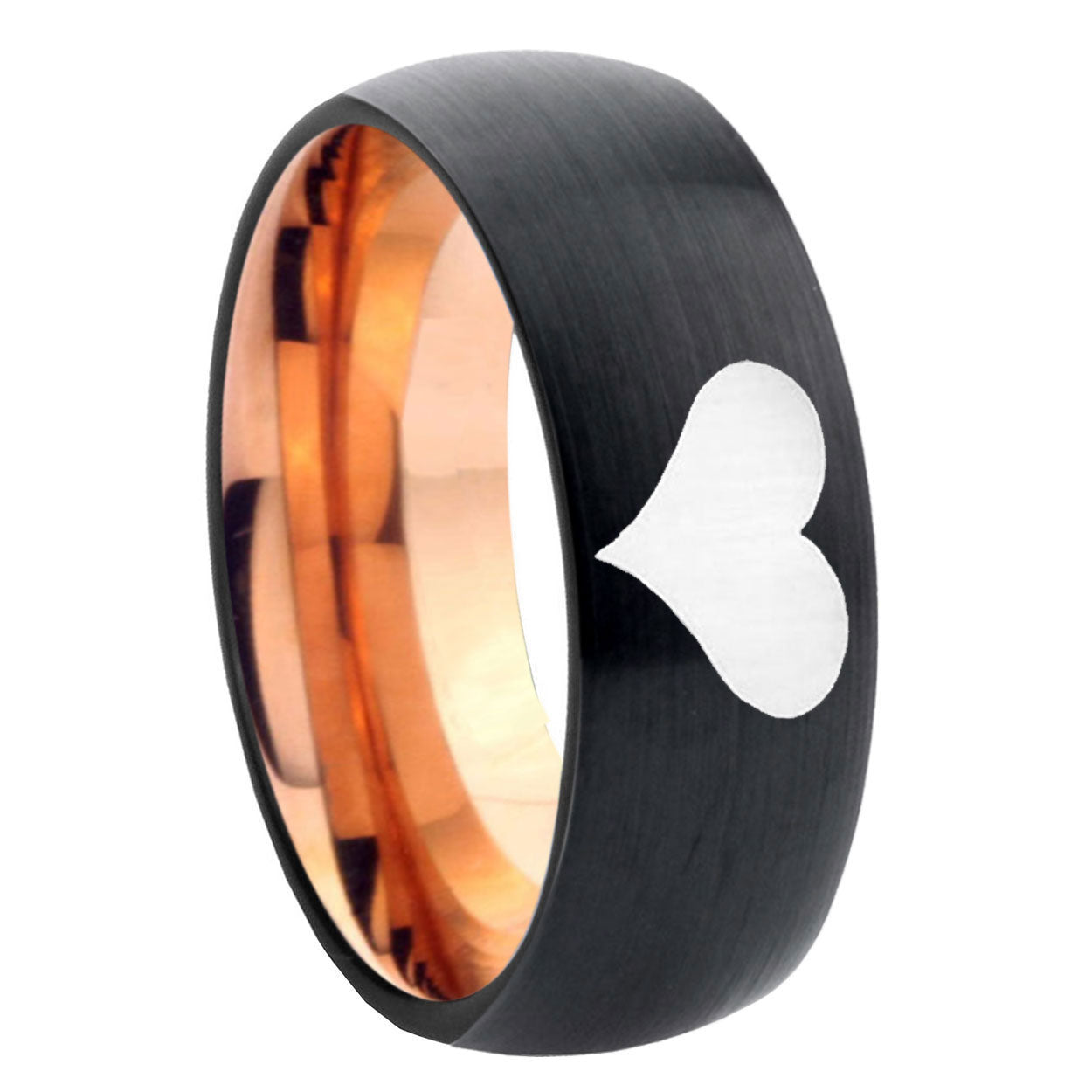 8mm Heart Two-Tone Classic Dome Black Rose Gold Tungsten Wedding Band