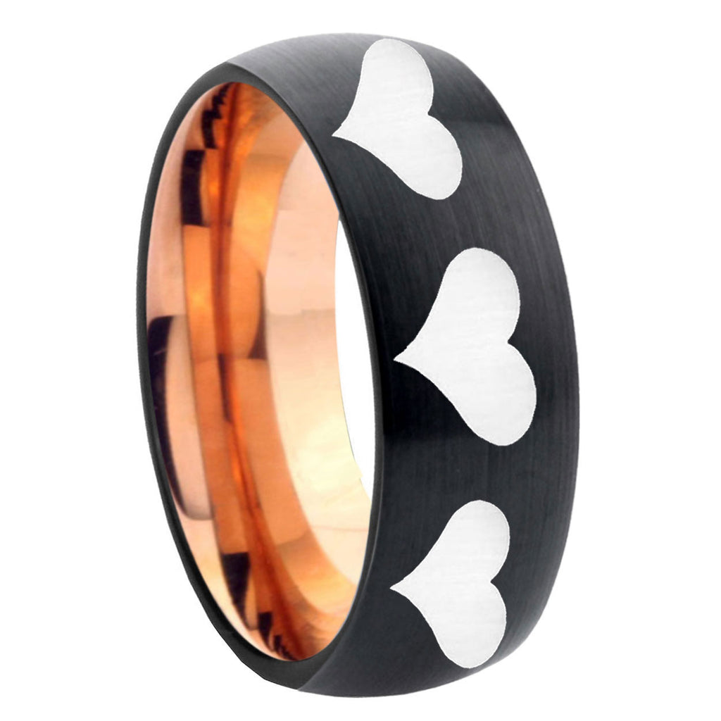 8mm Multiple Heart Two-Tone Classic Dome Black Rose Gold Tungsten Wedding Band