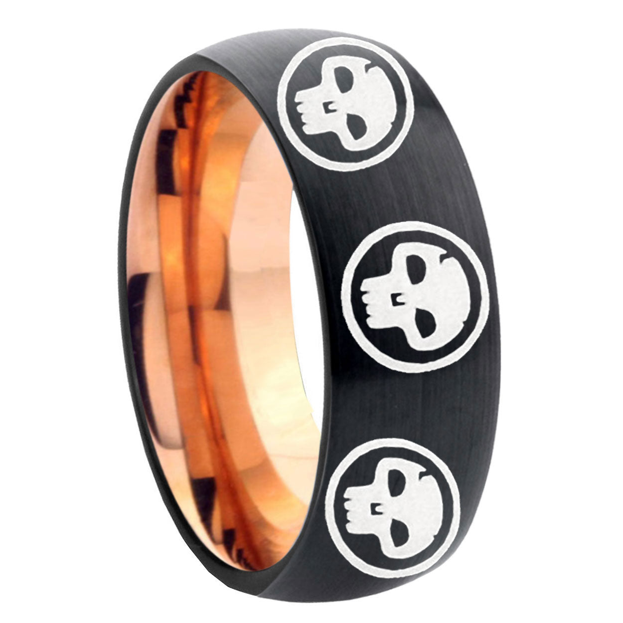 8mm Multi Skull Symbol Two-Tone Classic Dome Black Rose Gold Tungsten Wedding Band