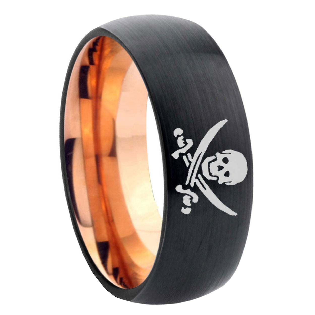 8mm Skull Pirate Two-Tone Classic Dome Black Rose Gold Tungsten Wedding Band