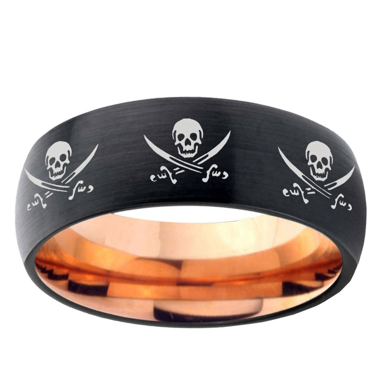 5mm Multi Skull Pirate Two-Tone Classic Dome Black Rose Gold Tungsten Wedding Band