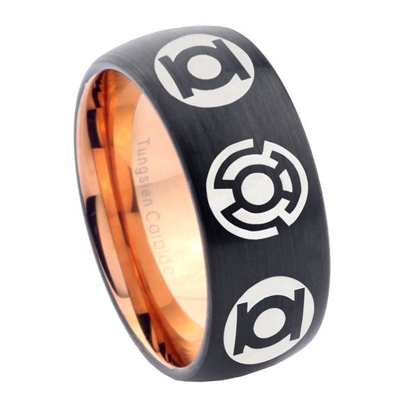 8mm Blue Green Lantern Dome Rose Gold Black Engraved Mens Wedding Bands