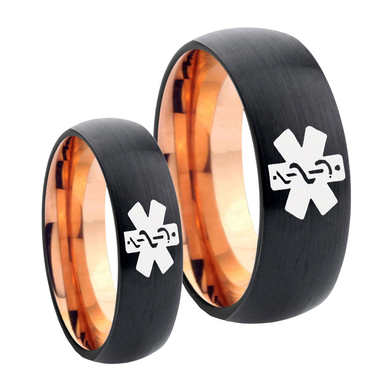 Medical Alerts Dome Rose Gold Tungsten Wedding Band Set