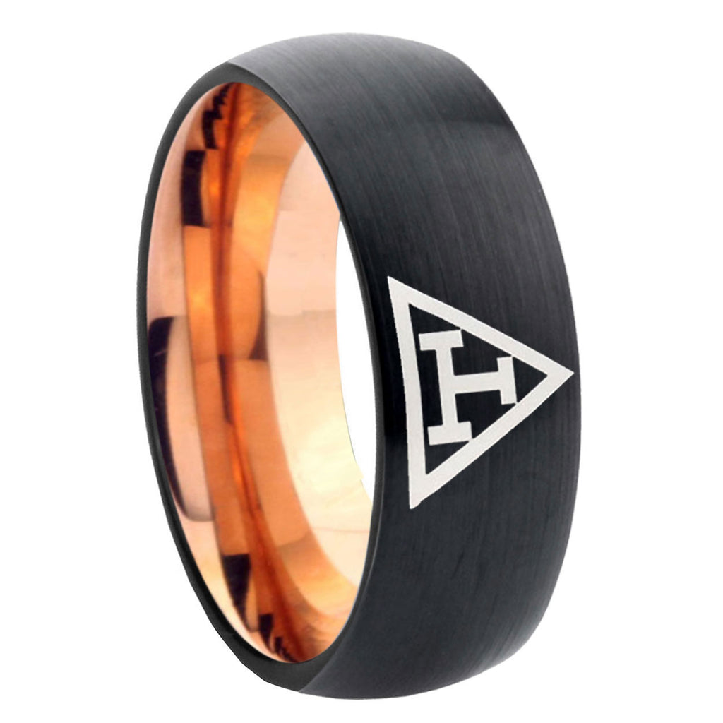 8mm Masonic Triple Two-Tone Classic Dome Black Rose Gold Tungsten Wedding Band