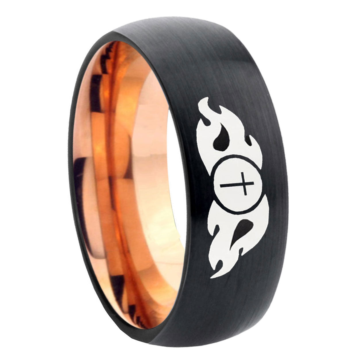 8mm Flamed Cross Two-Tone Classic Dome Black Rose Gold Tungsten Wedding Band