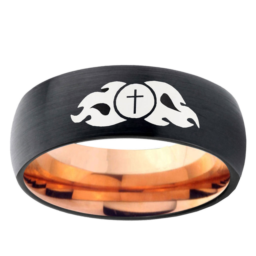 5mm Flamed Cross Two-Tone Classic Dome Black Rose Gold Tungsten Wedding Band
