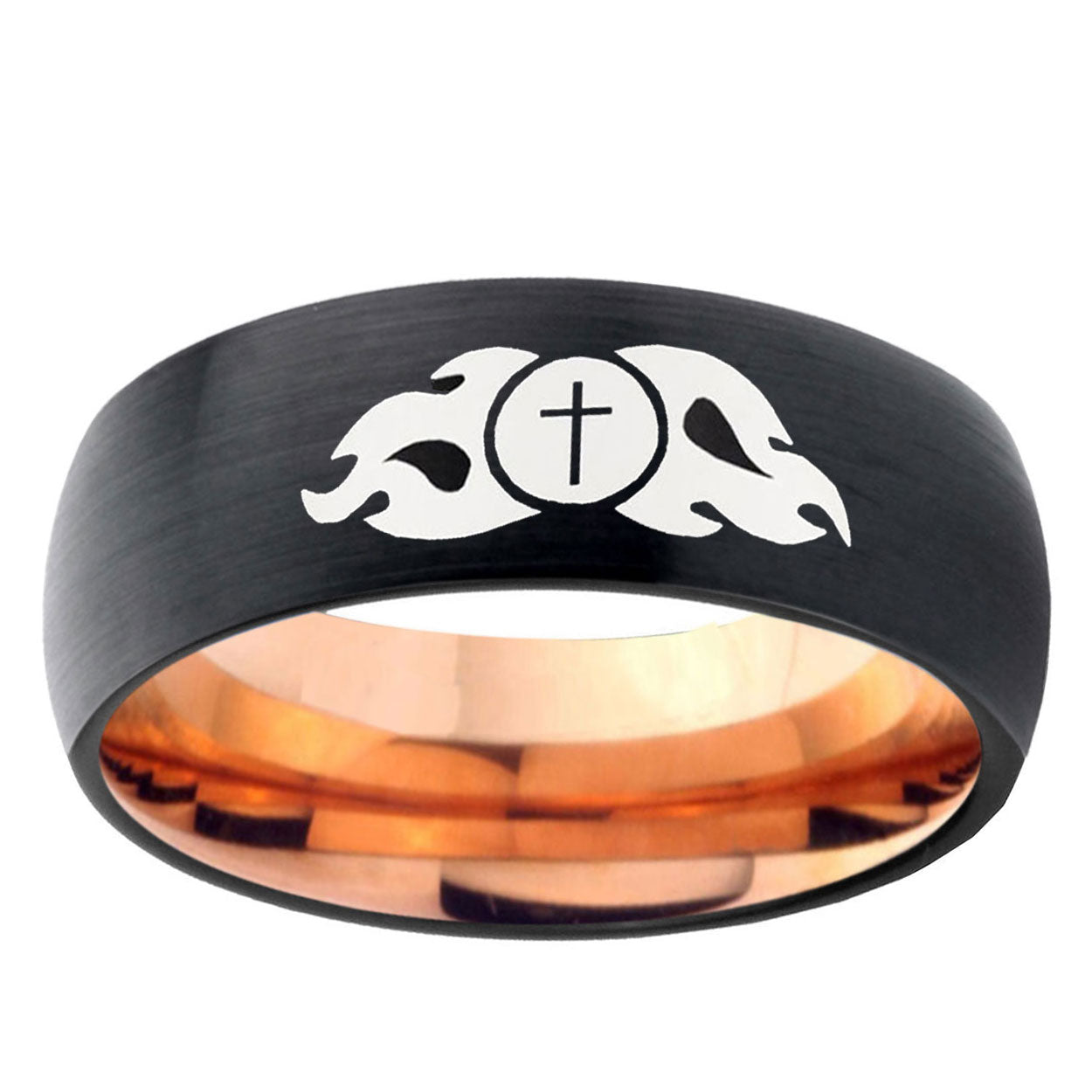 5mm Flamed Cross Two-Tone Classic Dome Black Rose Gold Tungsten Wedding Band