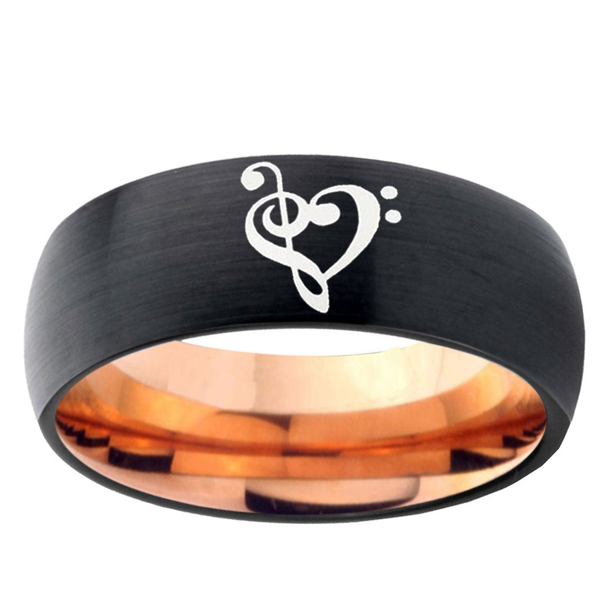 5mm Music And Heart Two-Tone Classic Dome Black Rose Gold Tungsten Wedding Band
