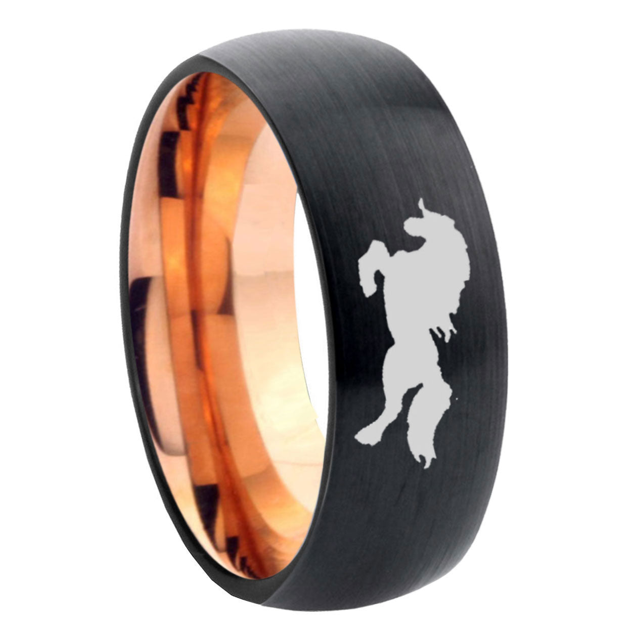 8mm Horse Two-Tone Classic Dome Black Rose Gold Tungsten Wedding Band
