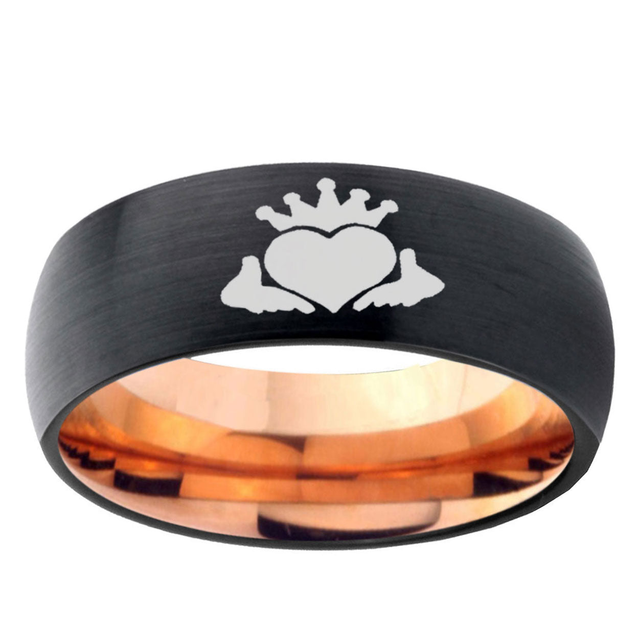 5mm Claddagh Design Two-Tone Classic Dome Black Rose Gold Tungsten Wedding Band