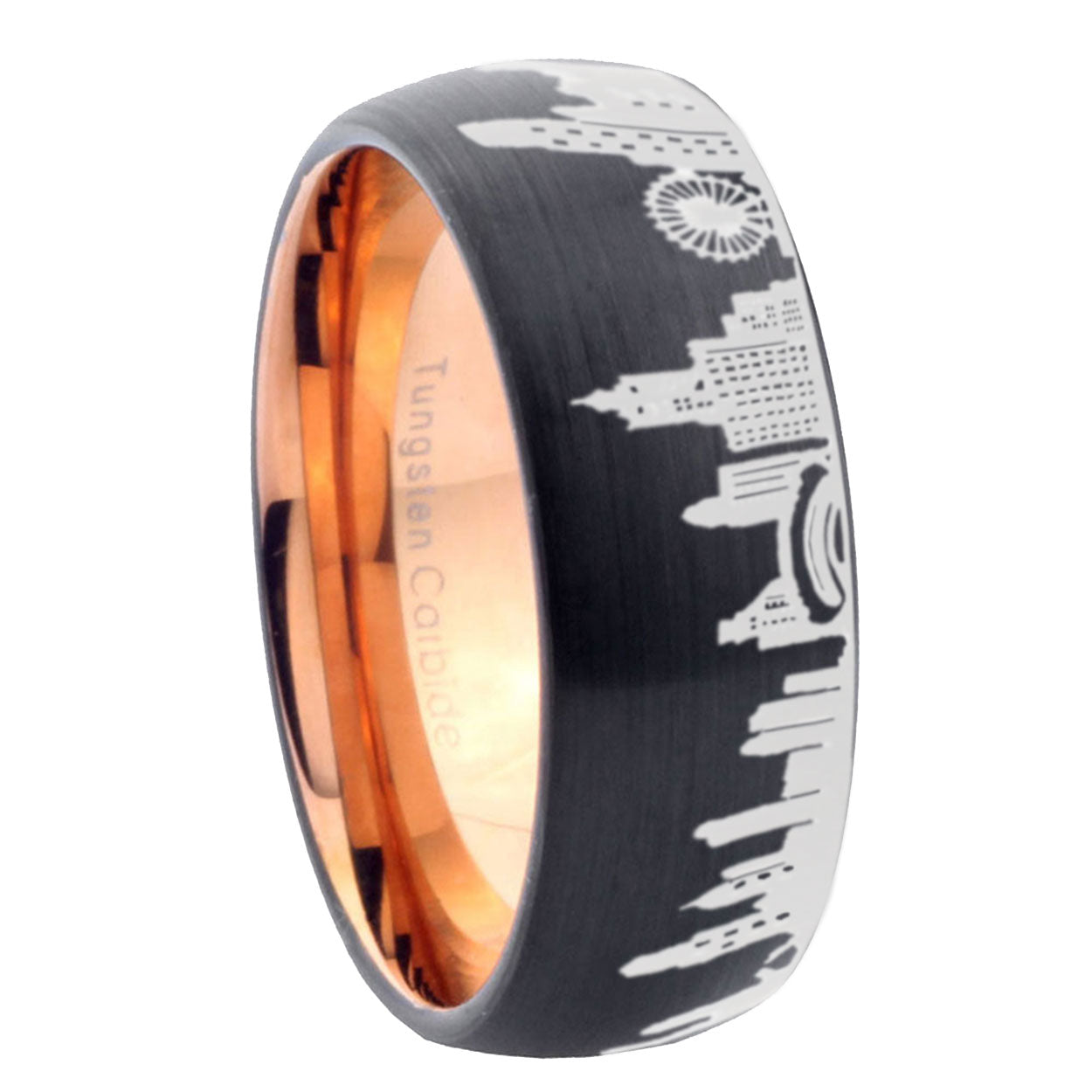 8mm Chicago City Two-Tone Classic Dome Black Rose Gold Tungsten Wedding Band