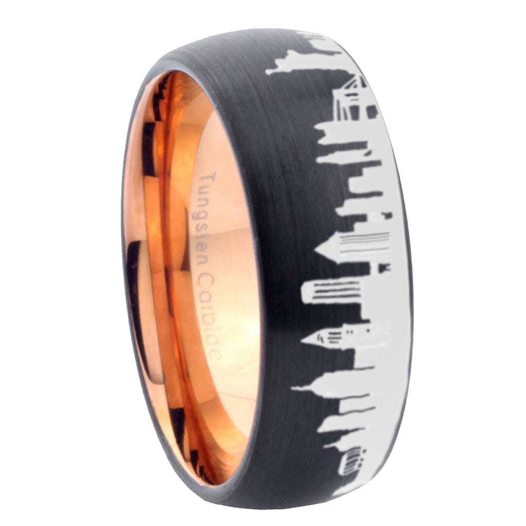 8mm NY New York City Two-Tone Classic Dome Black Rose Gold Tungsten Wedding Band