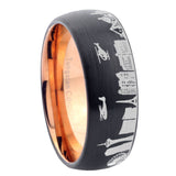 8mm LA Las Vegas City Dome Brushed Black Tungsten Rose Gold Inside Mens Wedding Band