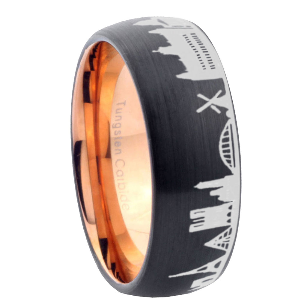 8mm France Paris City Two-Tone Classic Dome Black Rose Gold Tungsten Wedding Band