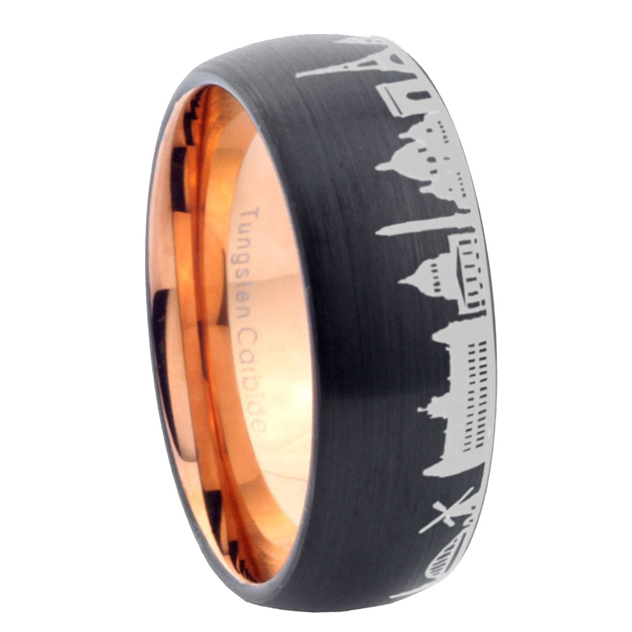 5mm France Paris City Two-Tone Classic Dome Black Rose Gold Tungsten Wedding Band