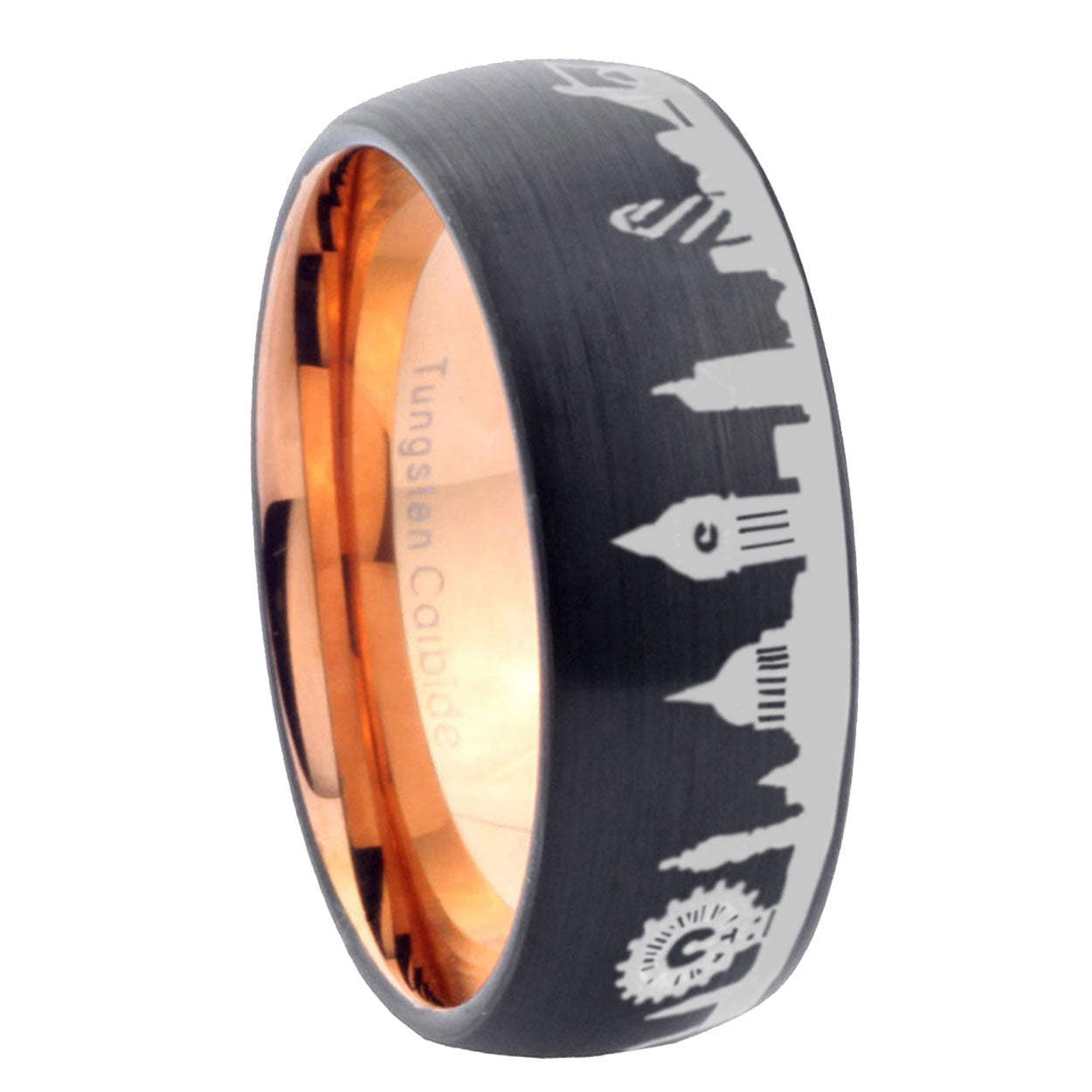 8mm UK London City Two-Tone Classic Dome Black Rose Gold Tungsten Wedding Band