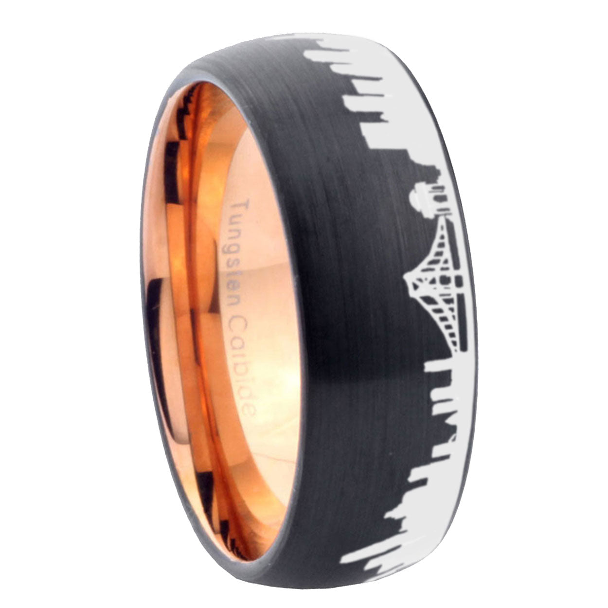 8mm CA San Francisco City Two-Tone Classic Dome Black Rose Gold Tungsten Wedding Band