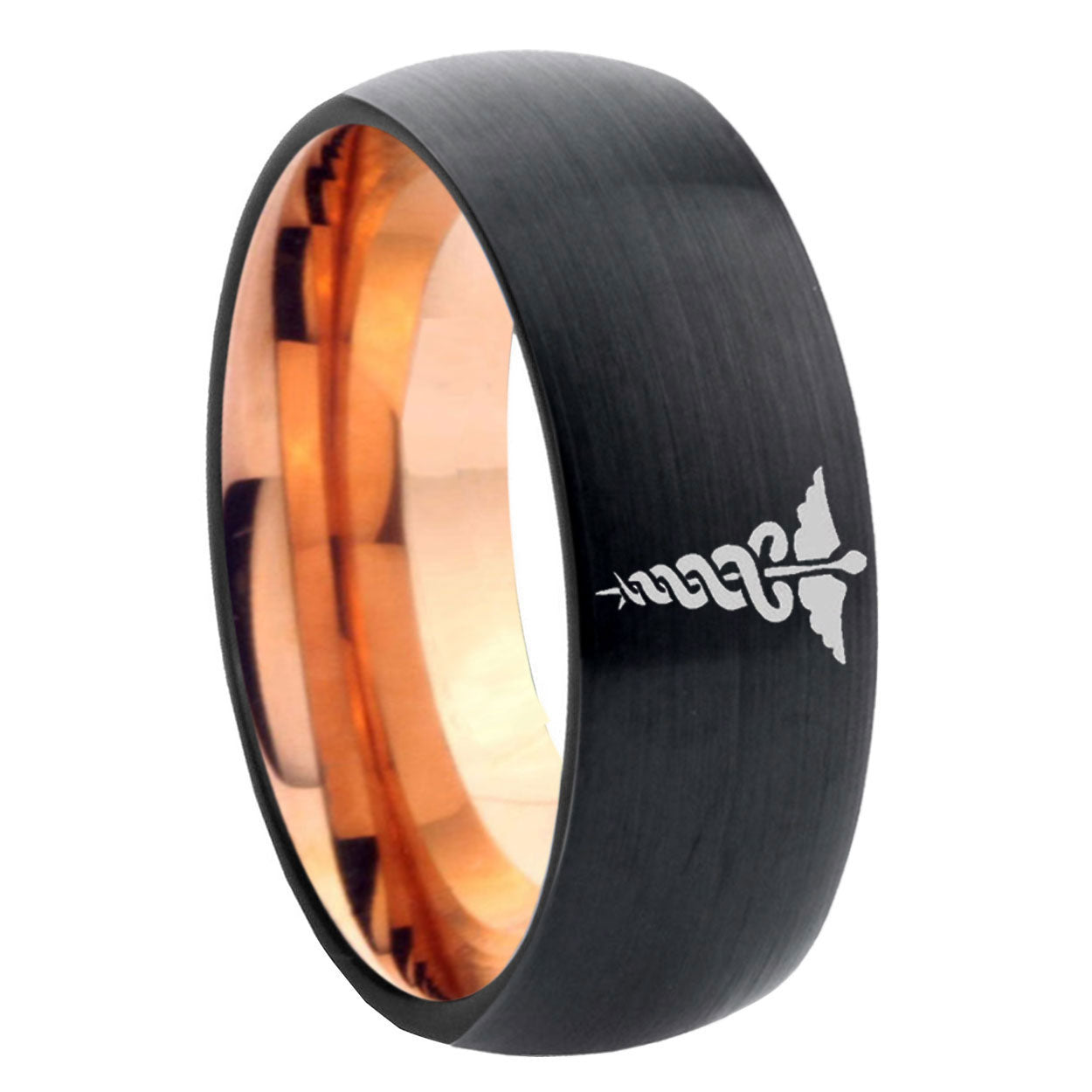 8mm Medical Symbol Two-Tone Classic Dome Black Rose Gold Tungsten Wedding Band