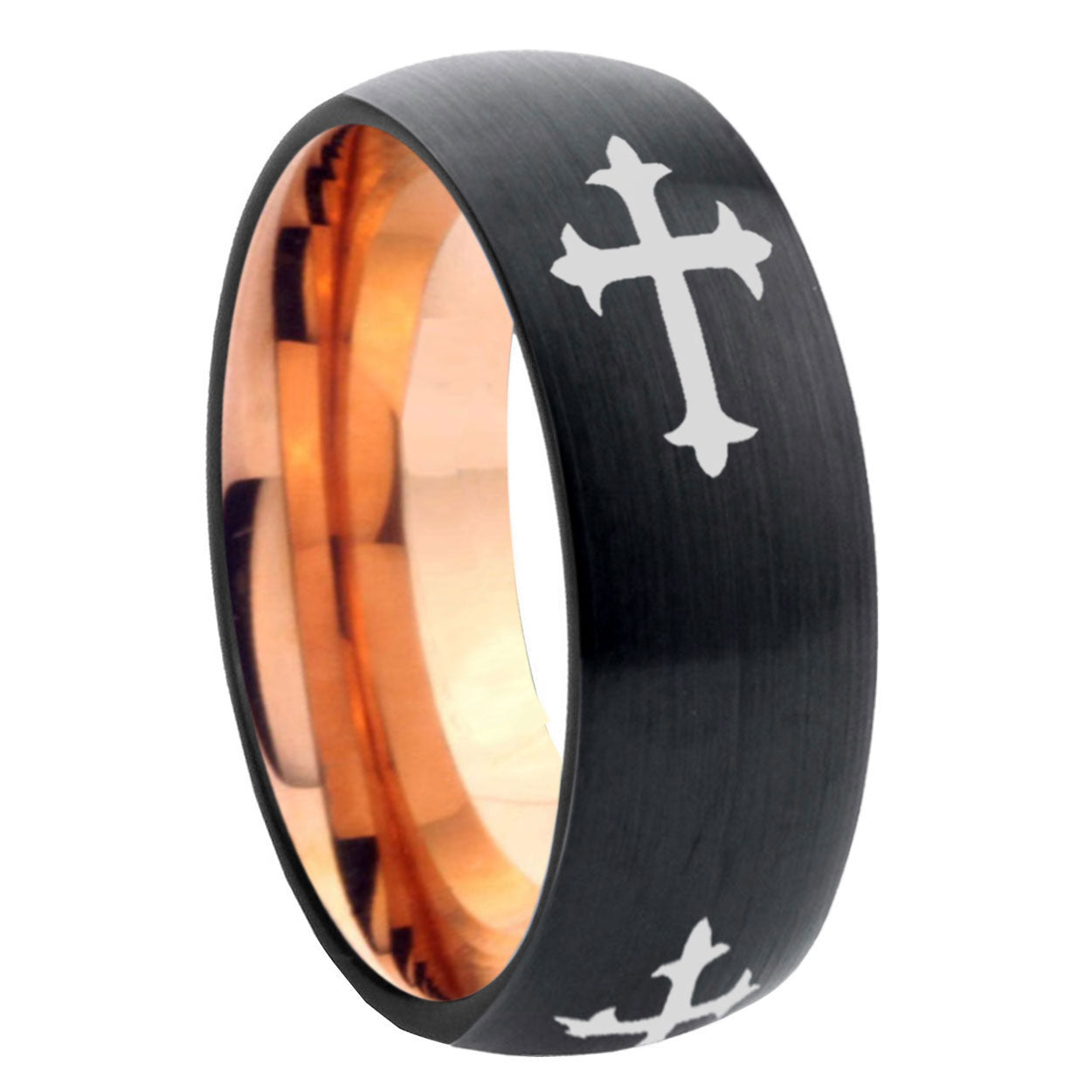 8mm Christian Cross Religious Two-Tone Classic Dome Black Rose Gold Tungsten Wedding Band
