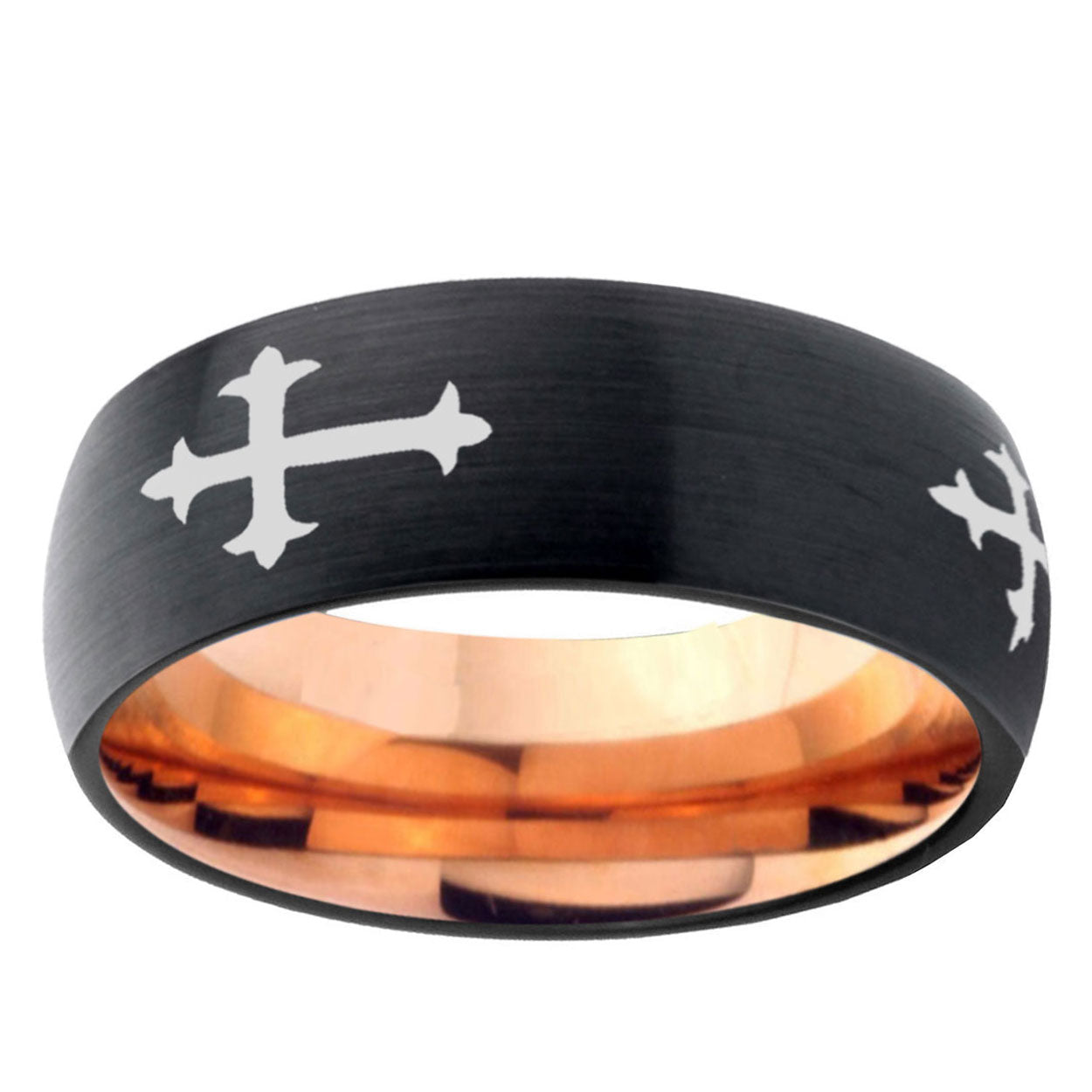 5mm Christian Cross Religious Two-Tone Classic Dome Black Rose Gold Tungsten Wedding Band