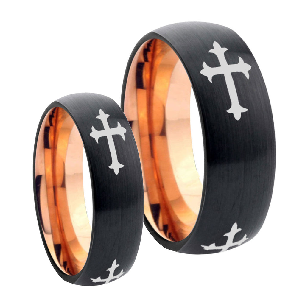 Christian Cross Religious Dome Rose Gold Tungsten Bridal Set Rings