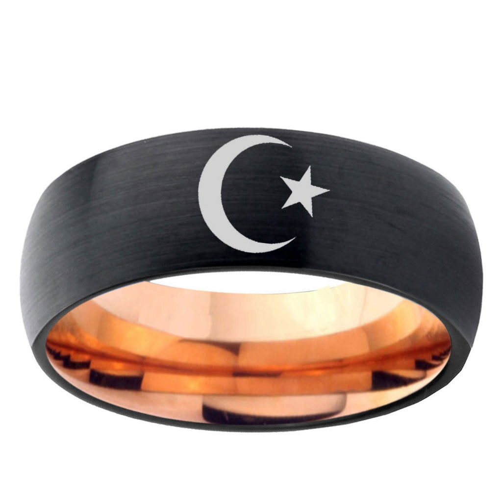 10mm Crescent Moon Stars Dome Tungsten Rose Gold Custom Ring for Men