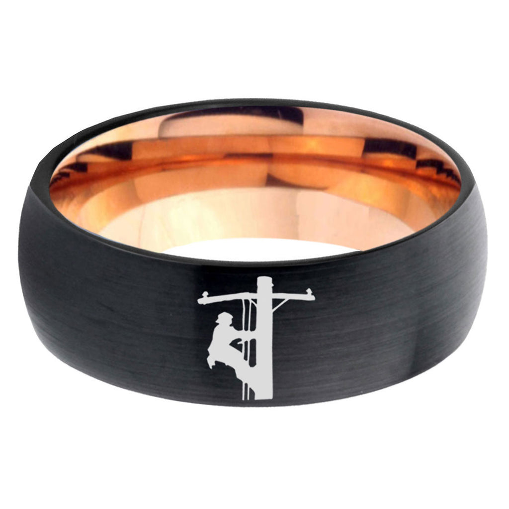 5mm Lineman Symbol Two-Tone Classic Dome Black Rose Gold Tungsten Wedding Band