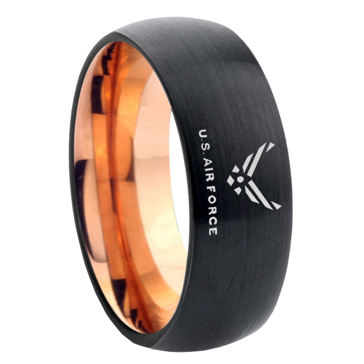 8mm US Air Force Two-Tone Classic Dome Black Rose Gold Tungsten Wedding Band