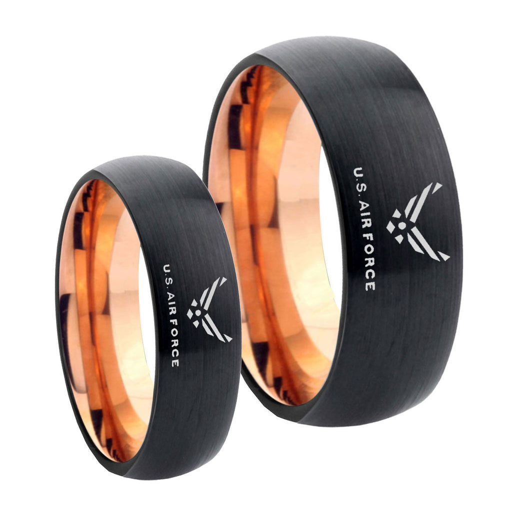 US Air Forces Dome Rose Gold Tungsten Bridal Set Ring