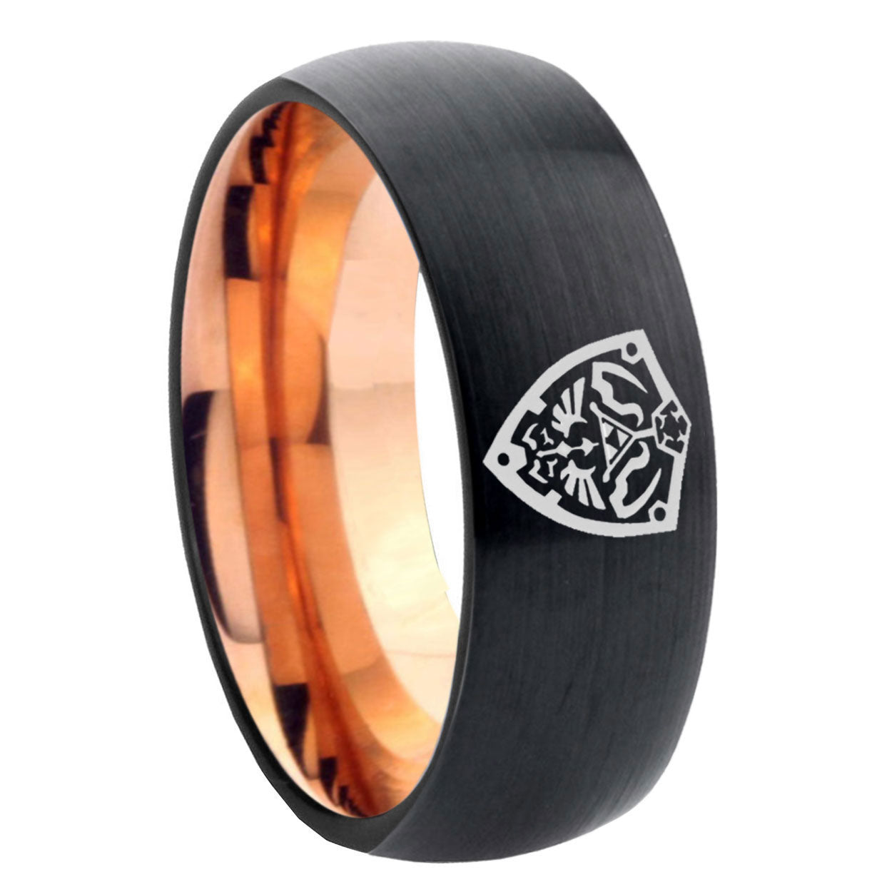 8mm Zelda Hylian Shield Two-Tone Classic Dome Black Rose Gold Tungsten Wedding Band