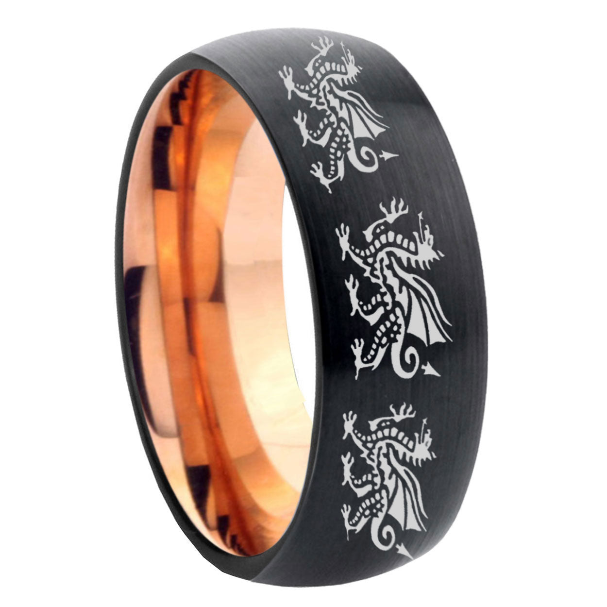 8mm Multiple Dragon Two-Tone Classic Dome Black Rose Gold Tungsten Wedding Band