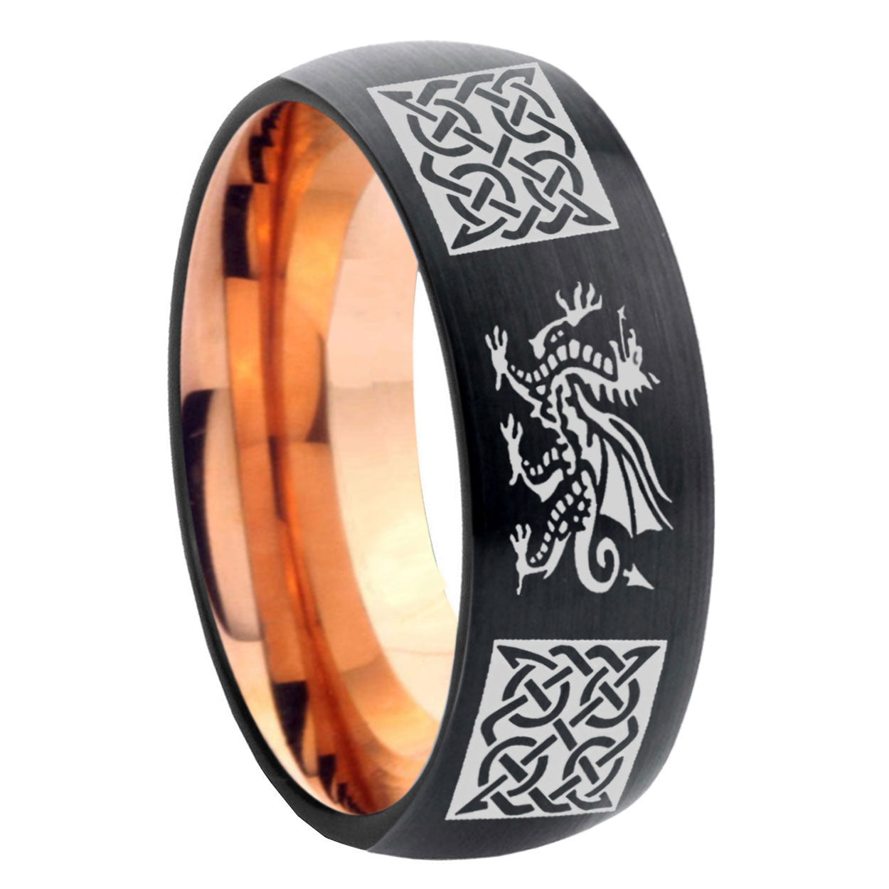 8mm Multi Dragon Celtic Two-Tone Classic Dome Black Rose Gold Tungsten Wedding Band