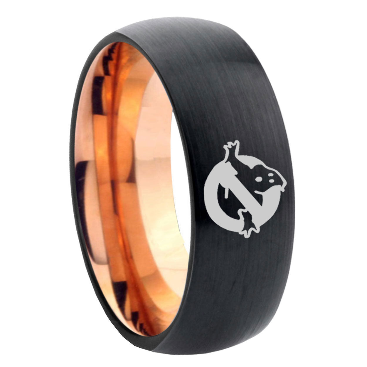 8mm Ghostbusters Two-Tone Classic Dome Black Rose Gold Tungsten Wedding Band