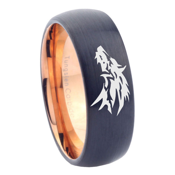 8mm Wolf Dome Rose Gold Black Mens Wedding Bands Unique