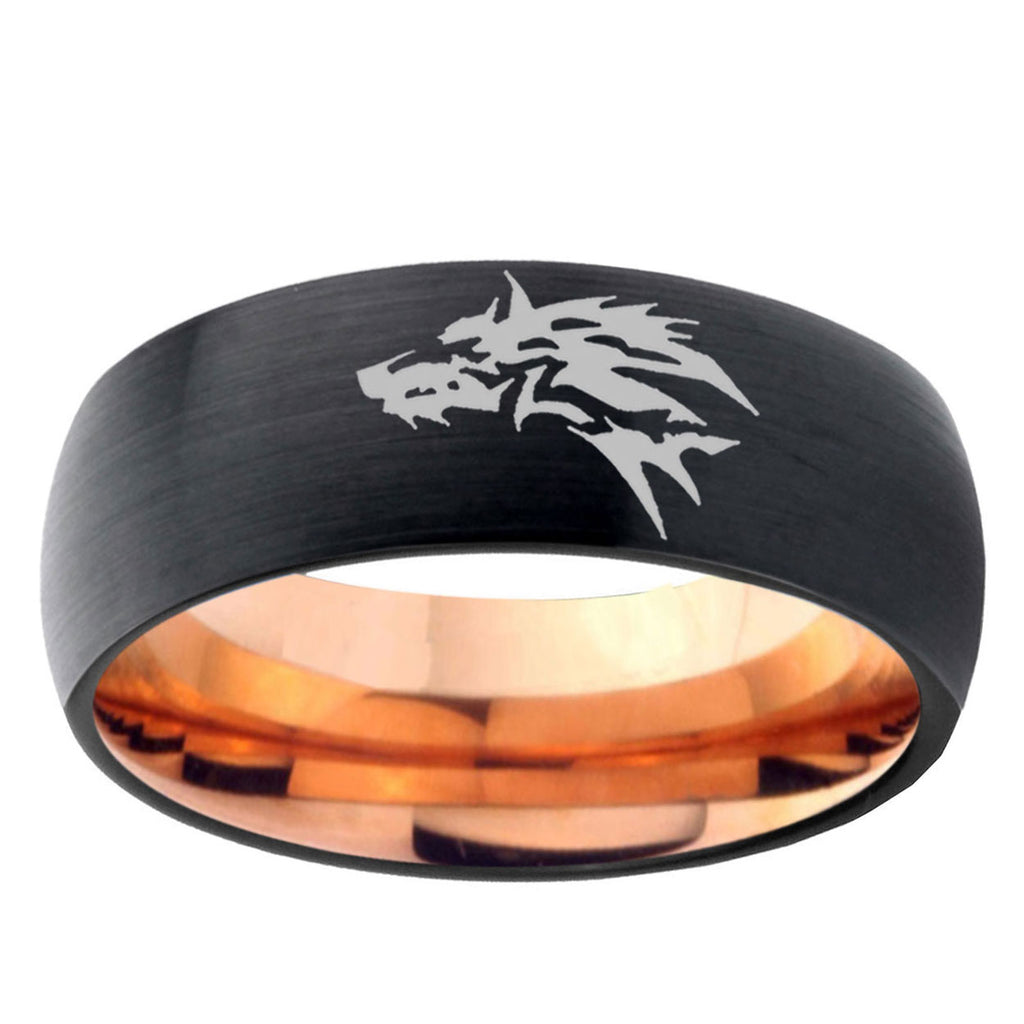 5mm Wolf Design Two-Tone Classic Dome Black Rose Gold Tungsten Wedding Band