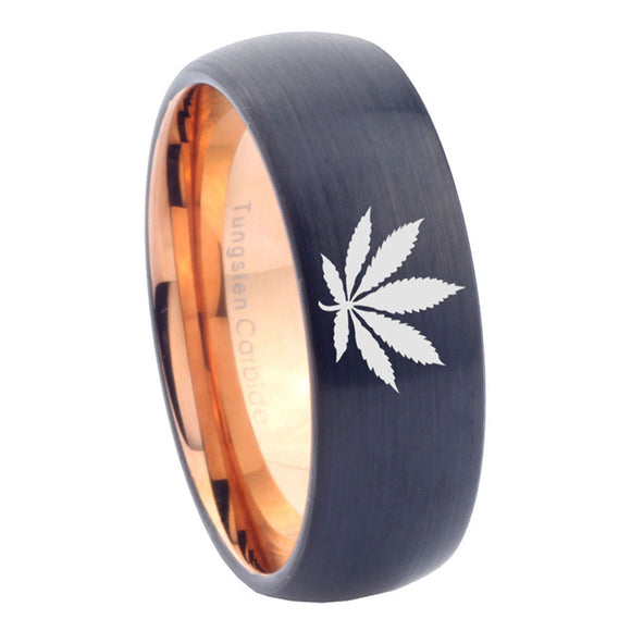 8mm Marijuana Leaf Dome Rose Gold Black Unique Mens Wedding Rings